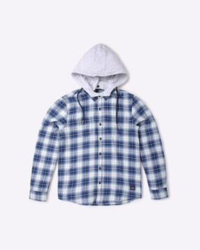 Juscubs Checked Shirt with Patch Pocket For Boys (Blue, 8-9Y)