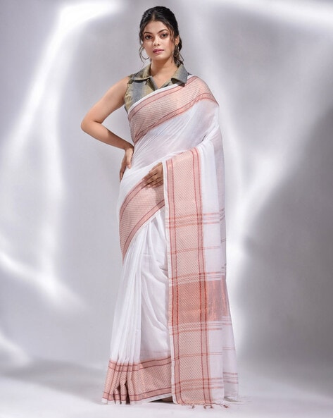 Pure Linen Handloom Saree White & Red Color Hand Embroidered with Running  Blouse-Indiehaat – Indiehaat.com