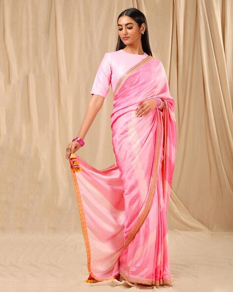 Pink Chiffon Saree With Lace Work Indian Wedding Wear Solid Plain Saree  Designer Fabric Craft Sari Women Wear With Running Blouse Piece - Etsy