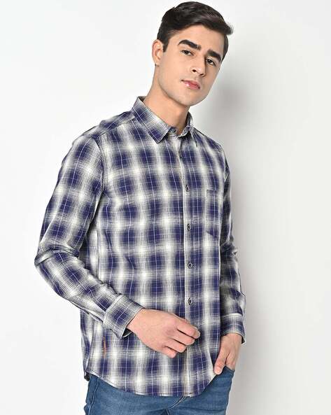 Blue check shirt and best sale black jeans