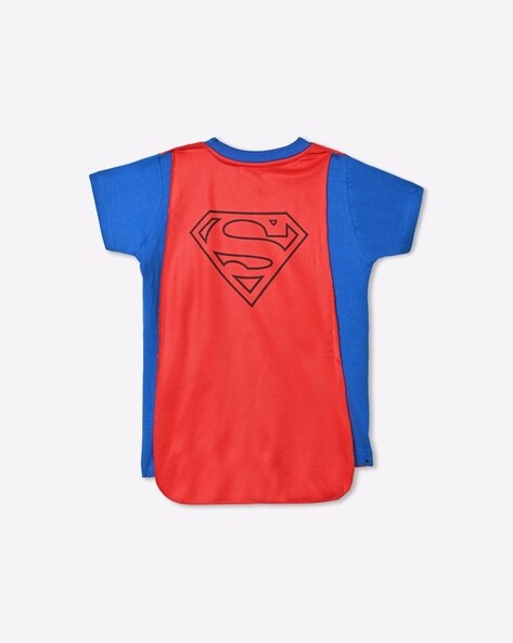 Superman Print Crew Neck T Shirt with Attached Cape