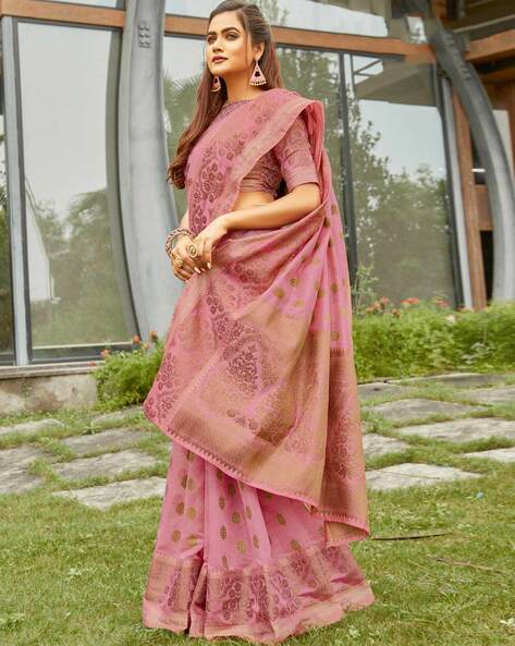 Mesmerising Women's Light pink Colour Pure Linen Saree With Blouse Pie