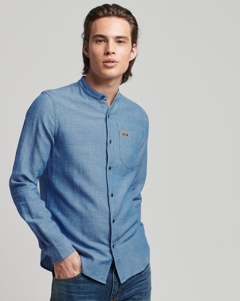Men Summer Plain Shirts Tops Cotton Pocket Grandad Collar Long Sleeve Slim  Blue | eBay