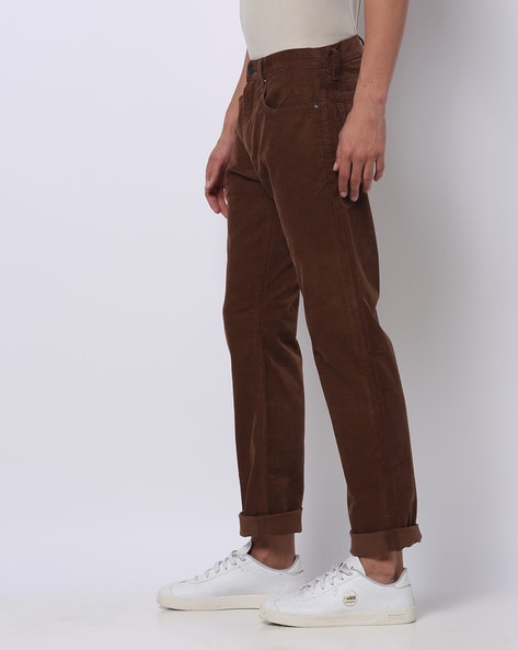 Buy COLOR PLUS Dark Brown Mens Flat Front Slim Fit Solid Corduroy Trouser   Shoppers Stop