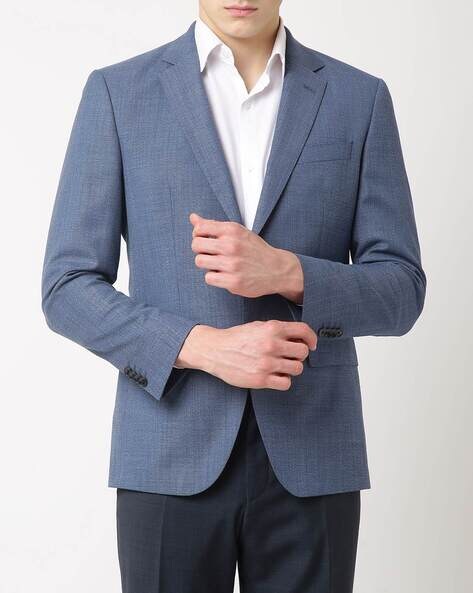 Men Blue Slim Fit Solid Formal Blazer