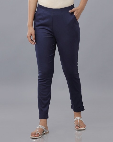 CHEER PAT Cotton Flex NonStretchable Slim Fit Navy Blue Straight Casual Cigarette  Pants Trouser for GirlsLadiesWomen Navy Blue