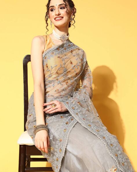 Buy Swtantra Grey Embroidered Net Blouse online