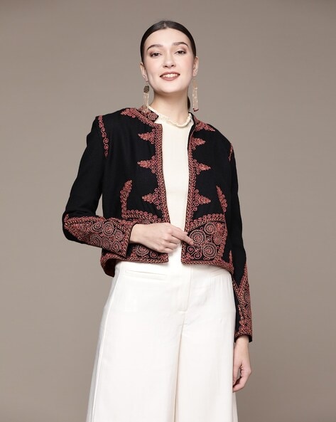 Buy Black Cotton Bookley Printed Floral Oversize Lapel Long Jacket For  Women by Ritu Kumar Online at Aza Fashions.