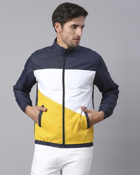 Yellow blue and hot sale white jacket