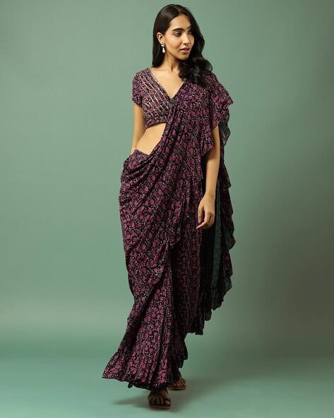 Buy Black Embroidered Velvet Saree With Stitched Blouse Online - RI.Ritu  Kumar India Store View