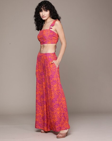 Designer Printed Crop Top and Palazzo Pants With Jacket For Women, Indo  Western | eBay
