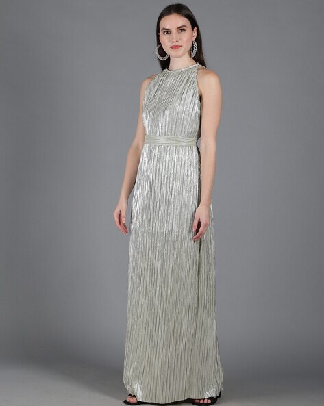 Sparkly Silver Glitter Modern Plunging Neck Bridal Gown - BETANCY