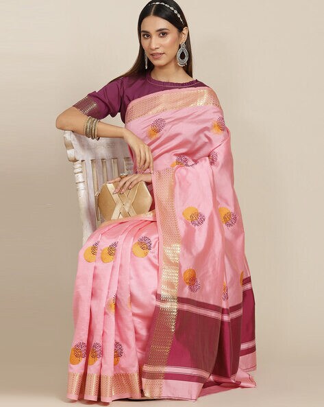 Pink & Purple Golden Zari Embellished Lichi Silk Saree – Cygnus Fashion