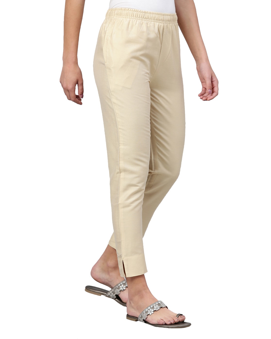 Ankle Length Cotton Cream Flared Pinstriped Pants For Women- Zola