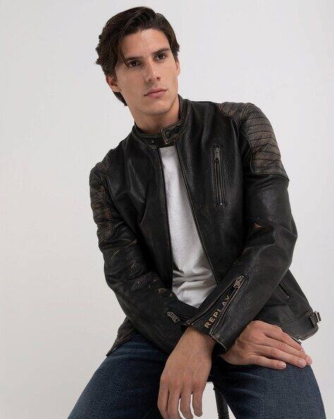 Buy REPLAY Zip-Front Leather Biker Jacket Online | Ajio.com