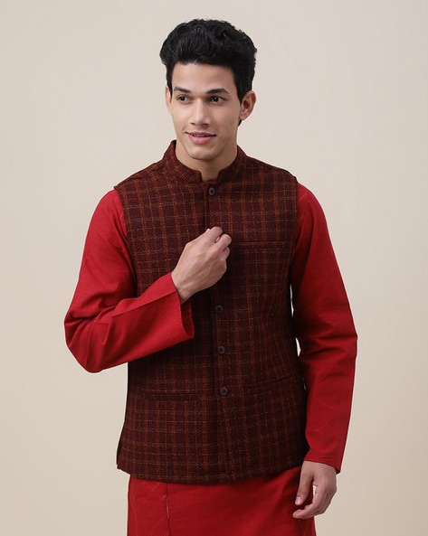 Etehas Woolen Tweet Nehru Jacket- Solid Red