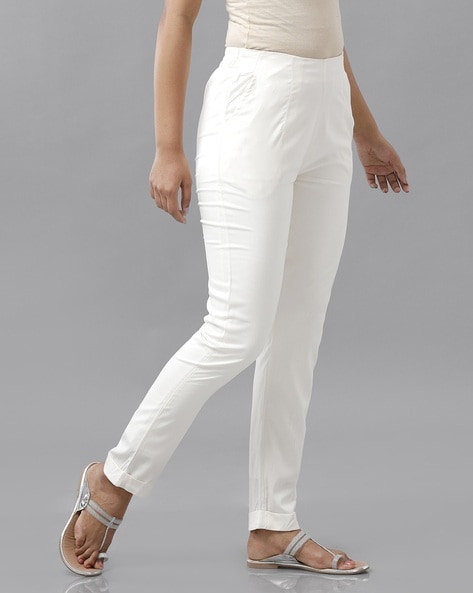 Buy DE MOZA White Solid Cotton Women's Cigarette Pants