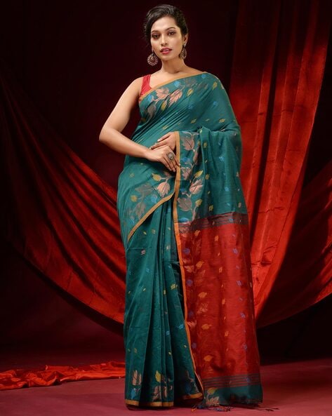 Buy Teal & Red Sarees for Women by Charukriti Online