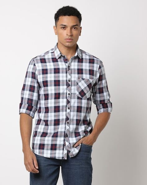 Men Indigo Washed Checked Slim Fit Shirt