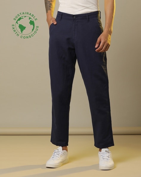 Linen Blend Cropped Pleated Pants in Navy - TAILORED ATHLETE - USA