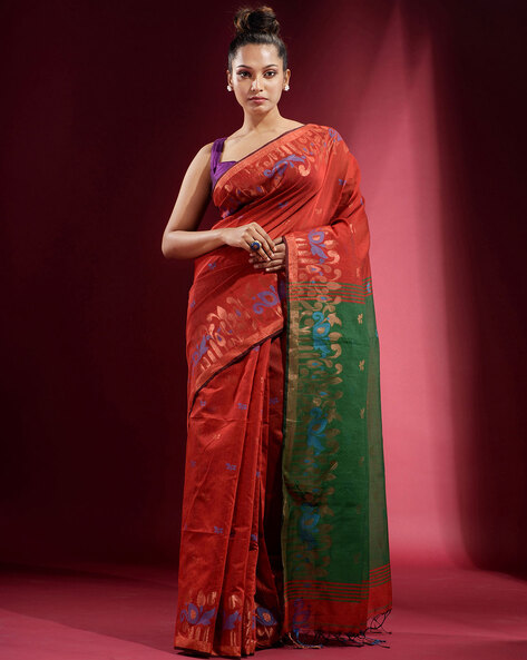 Dola Silk Brick Red Saree with Embroidered Floral Buttas KALKI Fashion India