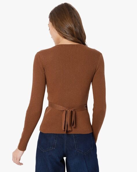 Brown Ribbed V Neck Long Sleeve Crop Top