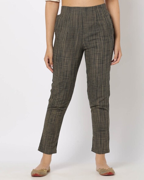 Brown graph check pure wool high waisted pleated Slacks | Sumissura