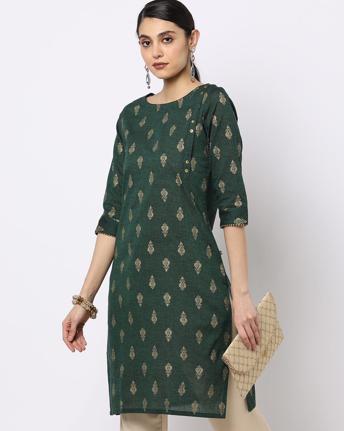 Embroidered Rayon A Line Kurti Set in Dark Green : TVE1272