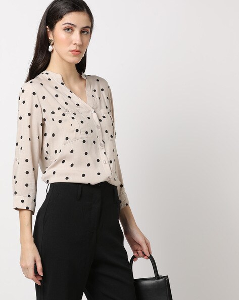 Polka-Dot Print Top with Patch Pockets