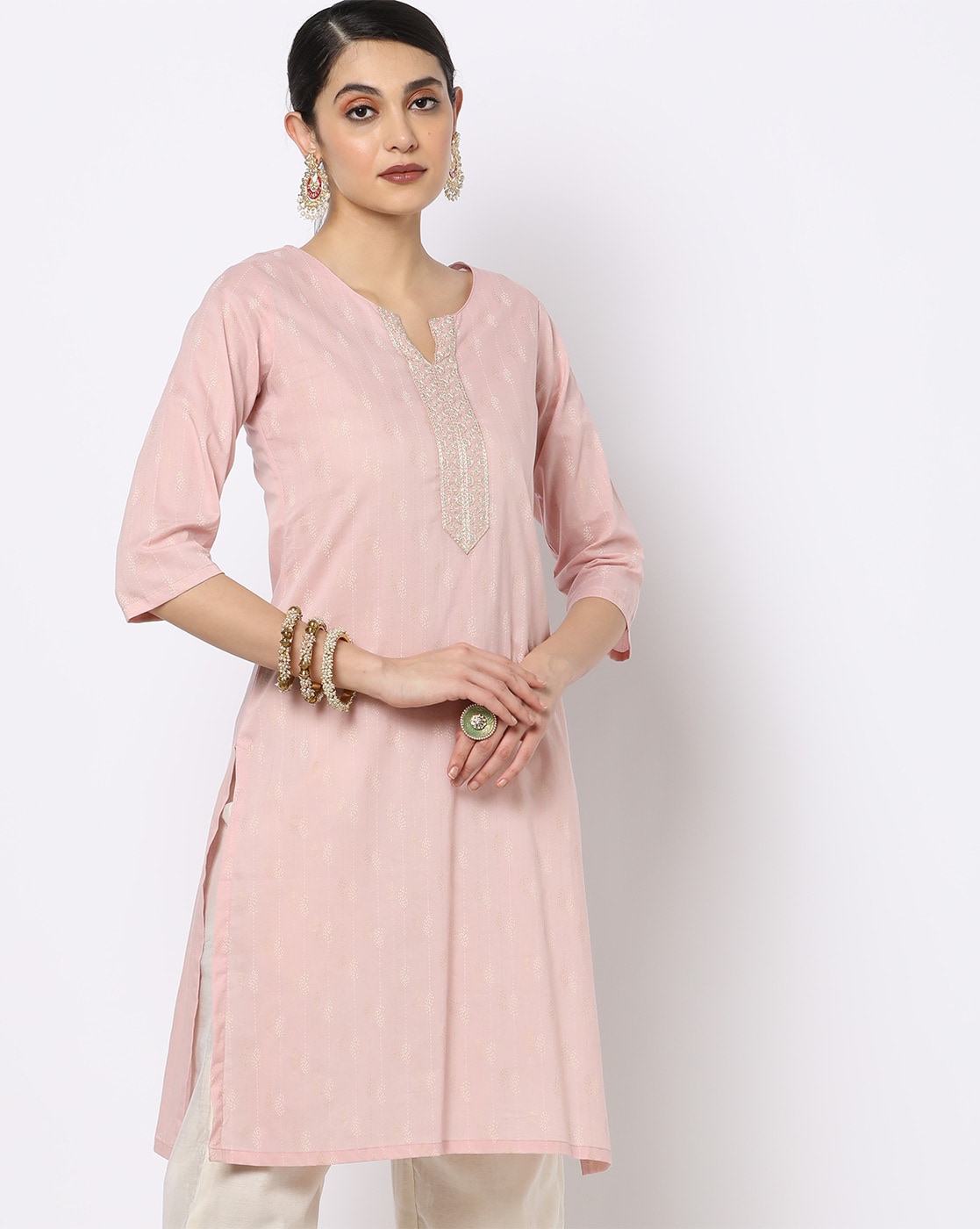 Foil Printed Art Silk Kurta Jacket Set in Off White and Pink : MGV1071