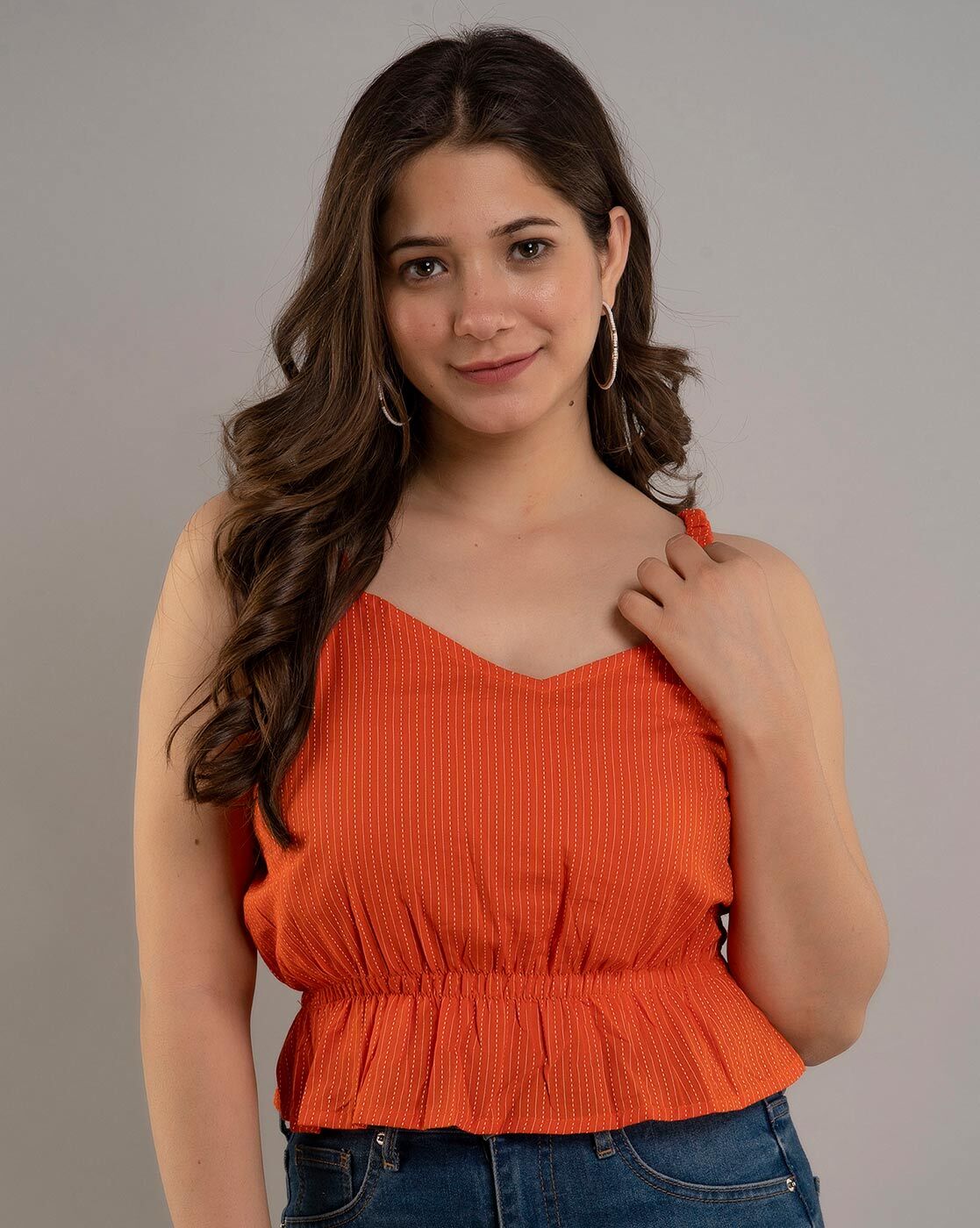 MAYERO Striped Sleeveless Top For Women (Orange, M)