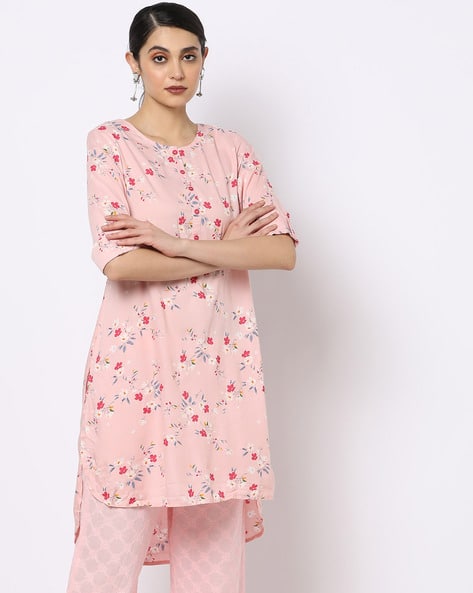 Floral Print Straight Kurta with High-Low Hem