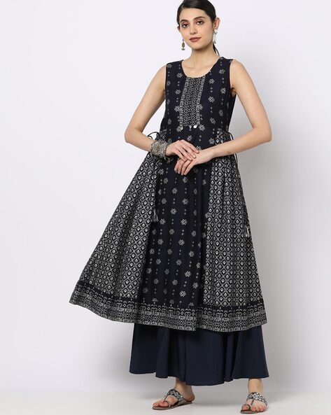 Ikat Print Flared Kurta with Side Tie-Up
