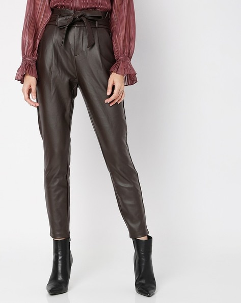 Buy BLACK ZIP-FLY STRAIGHT SHINY PANTS for Women Online in India