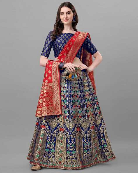Buy Navy Blue and Red Patola Printed Wedding Silk Lehenga Choli