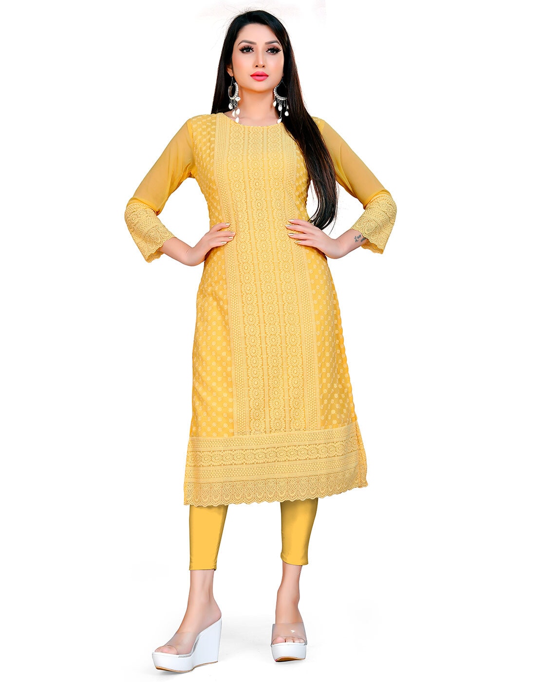 Mustard Rayon Printed Flared Long Kurti | Bandhani-4006 | Cilory.com