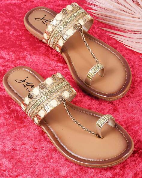 Toe Loop Studded Rhinestone Band Slide Sandals - Gold