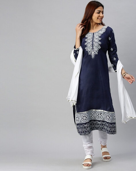 Floral Embroidered Semi-Stitched Straight Dress Material Price in India