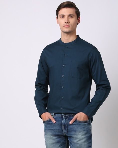 Brunello Cucinelli Korean Collar Denim Shirt Dark Denim, $208 | Last Call  by Neiman Marcus | Lookastic