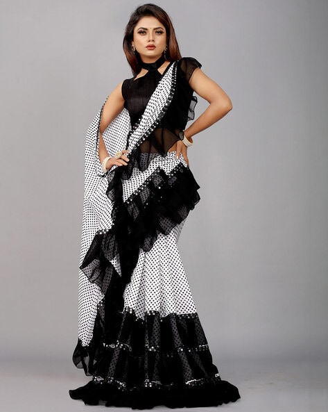 Partywear Black White Georgette Ruffle Saree w/ Running Blouse #37751 | Buy  Indian Sarees Online