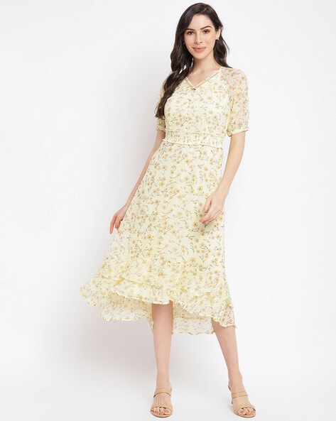 Yellow 3/4 Sleeve Printed Cordset Dress