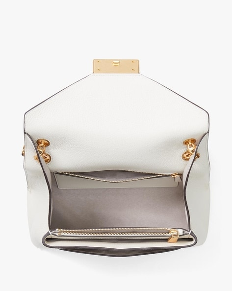 CELINE Triomphe Medium Leather Textile Shoulder Bag White