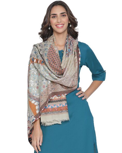 Floral Embroidered Stole with Fringed Hem Price in India