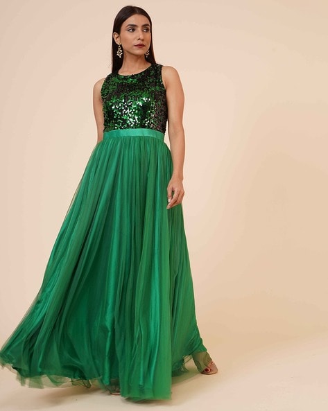 Bottle green pre draped gown saree – Shakuntlam