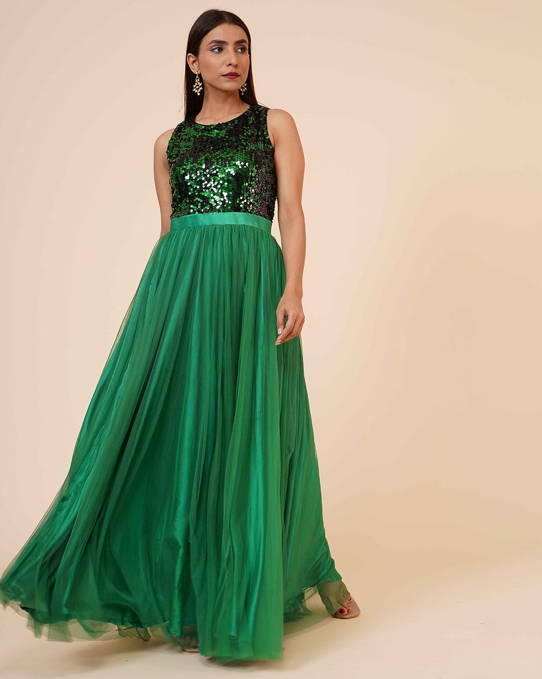 Designer Green Colored Party Wear Readymade Cotton Gown