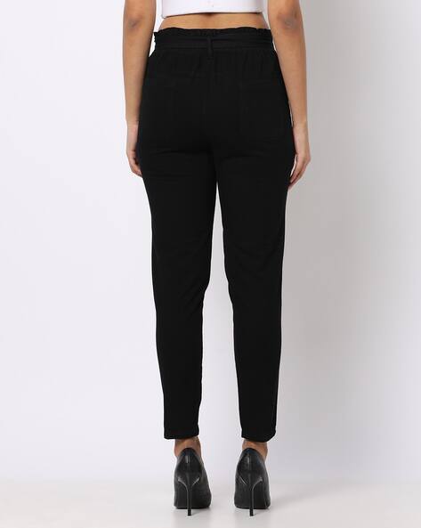 Ajio Black Stripe Paperbag Skinny Trousers Ajio Black Tie Paperbag