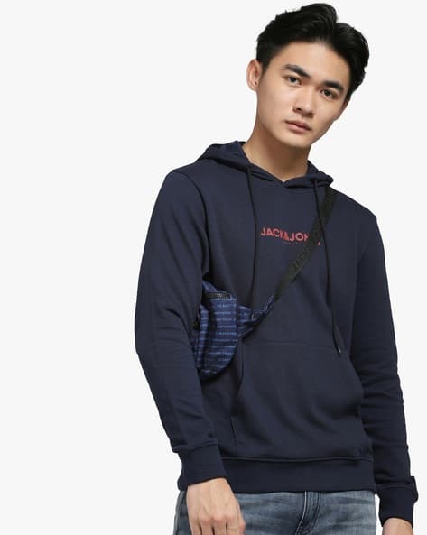 Jack & Jones Brand Print Hoodie with Kangaroo Pocket