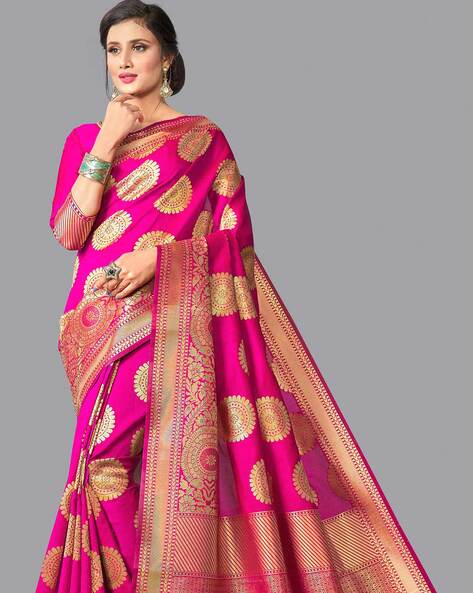 Uppada magenta pink handwoven pure silk saree with wide golden zari border