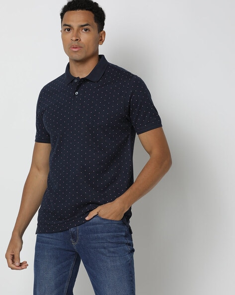 NETPLAY Regular Fit Micro Print Polo T-Shirt with Spread Collar (Navy)