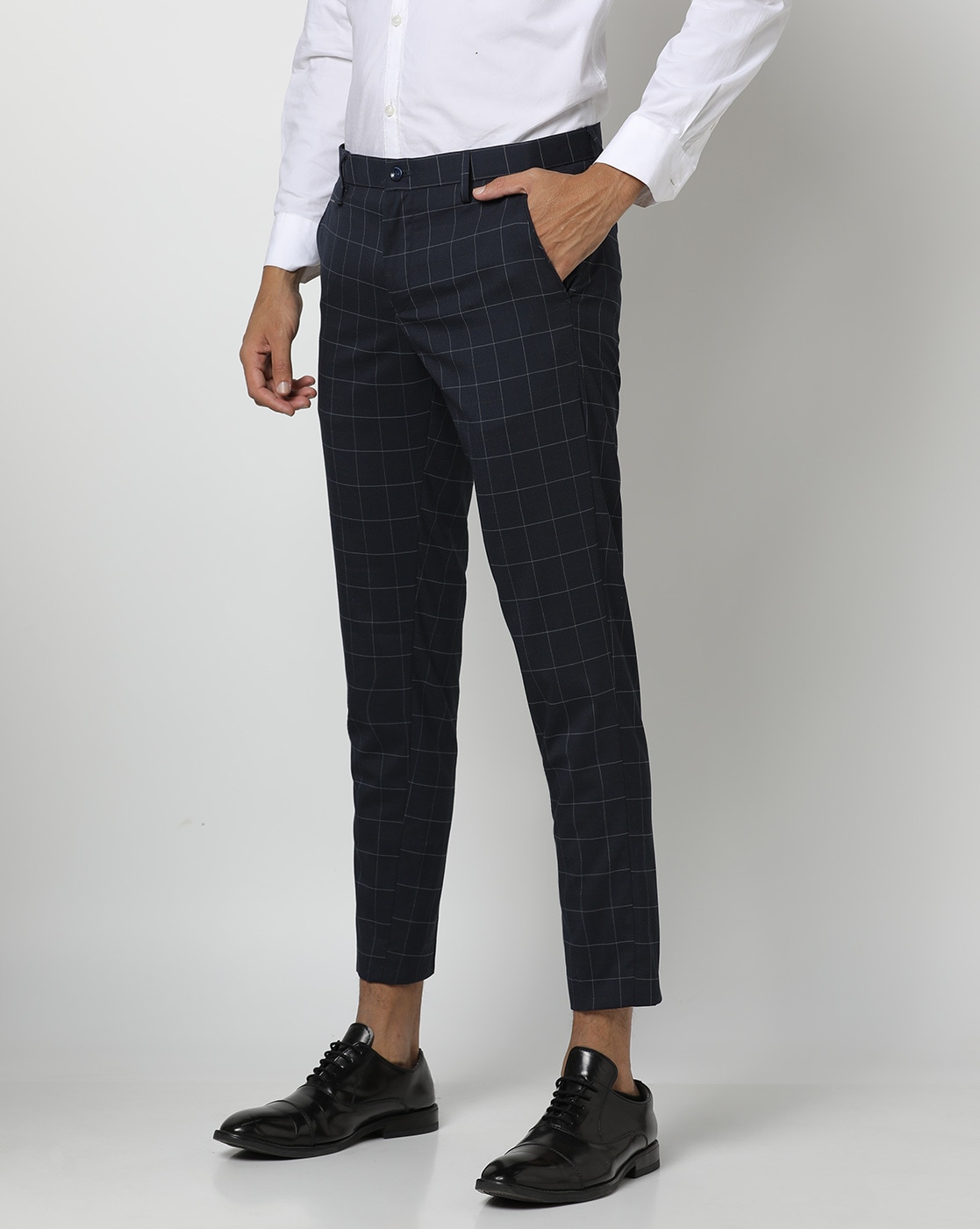 Buy Men Navy Slim Fit Check Flat Front Casual Trousers Online - 742735